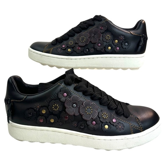 Coach Tea Rose Low Top, Leather Sneakers Black/Floral Details Women’s Size: 7.5 - Picture 5 of 16